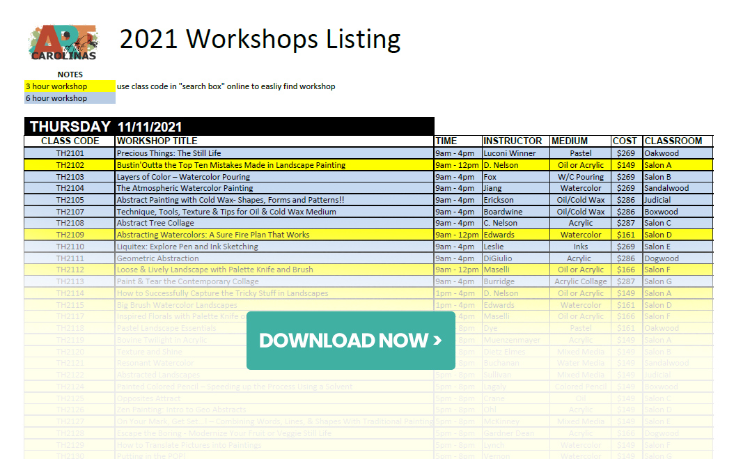 workshops listing for 2021